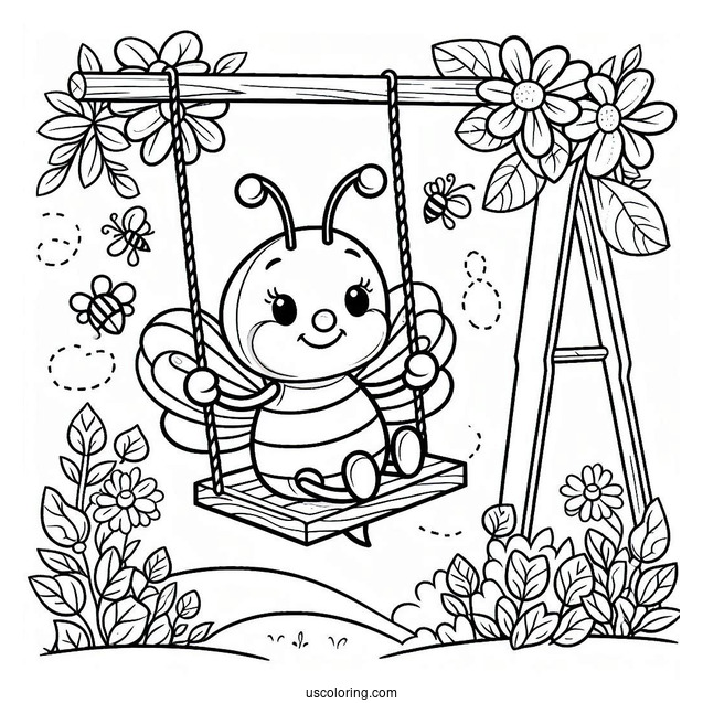 Bee Coloring Page Playing On A Swing Set For Kids