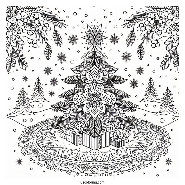 Christmas Tree Surrounded By Snow And Mistletoe Christmas Mandala Coloring Page