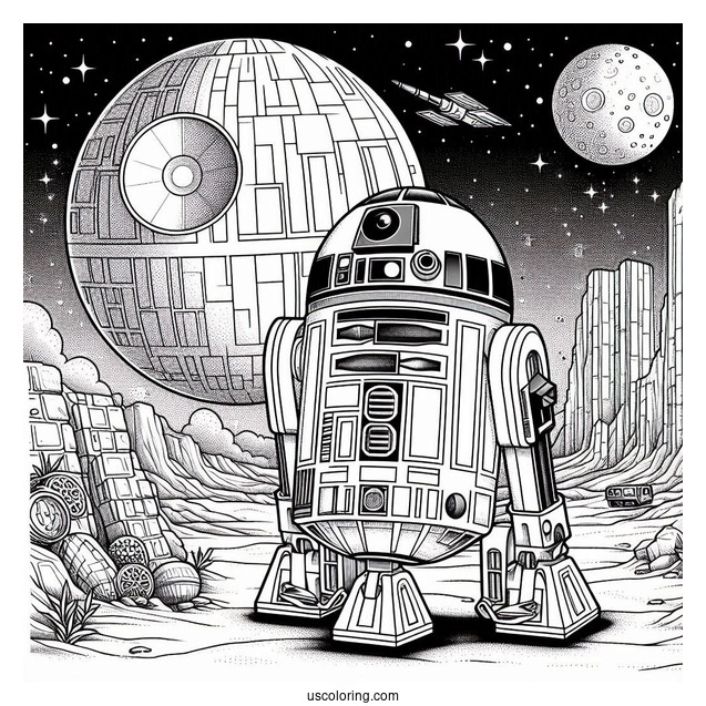 R2-D2 Coloring Page With Wall E On The Moon For Kids