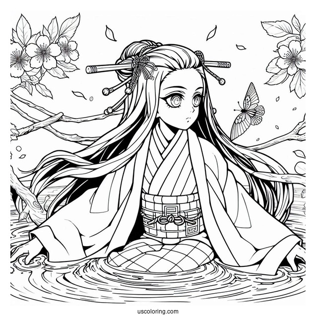 Tanjiro Coloring Page With Nezuko Kamado Surrounded By Water And Cherry Blossoms