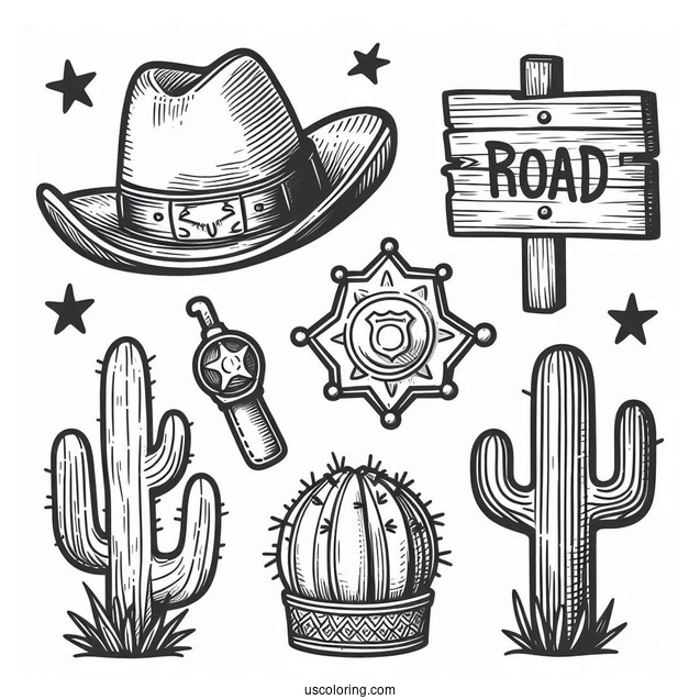 Cowboy Coloring Page Hat, Sheriff s Badge, Cactus, And Wooden Road Sign