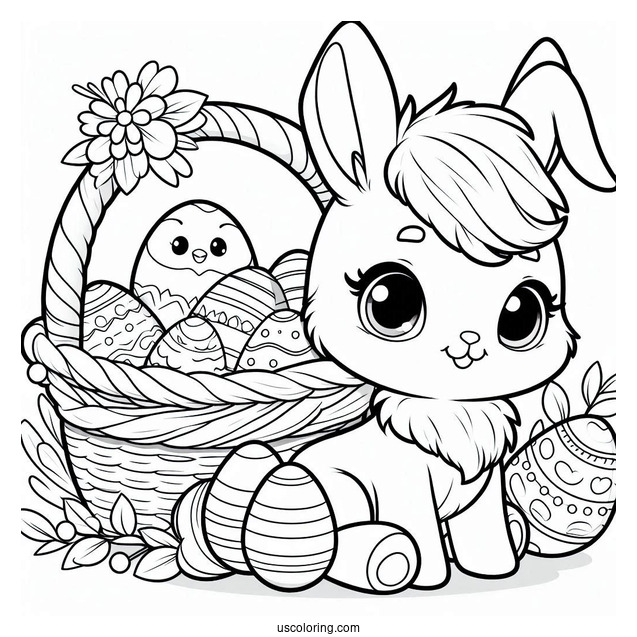Easter Bunny With A Basket Of Easter Coloring Page Of Eggs Next To A Pony For Kids