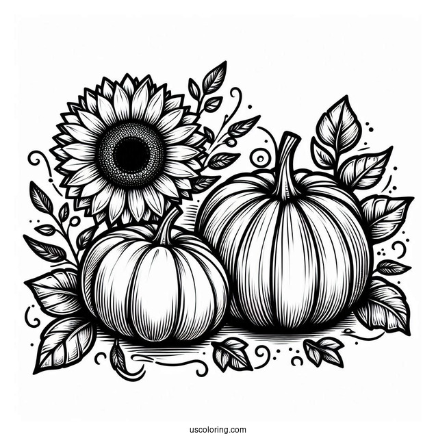 Two Large Pumpkin Coloring Page With Sunflower And Leaves