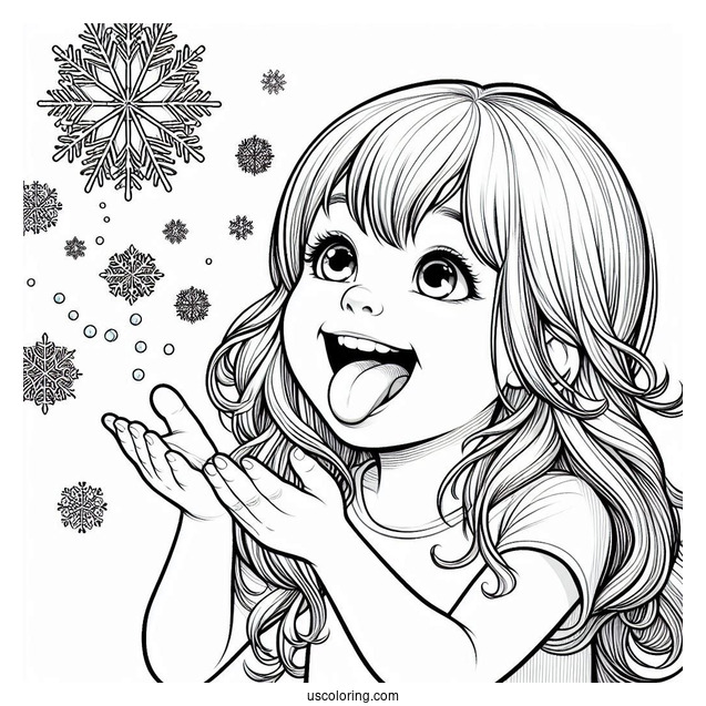 Realistic Little Girl Sticking Tongue Out To Catch Snowflake Coloring Page