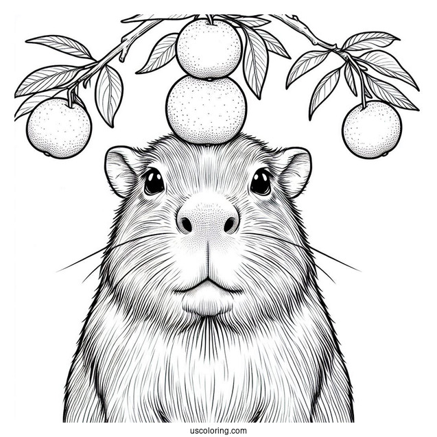 Serious Capybara Coloring Page Balancing Tangerines On Its Head