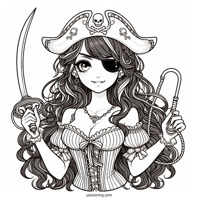 Female Pirate Coloring Page With Eyepatch, Sword, And Hook