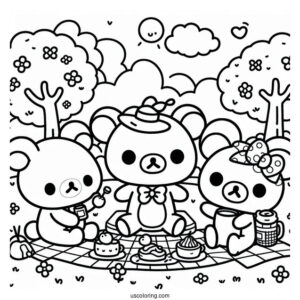 Rilakkuma Coloring Page At The Park With Korilakkuma, Kiiroitori, And Chairoikoguma