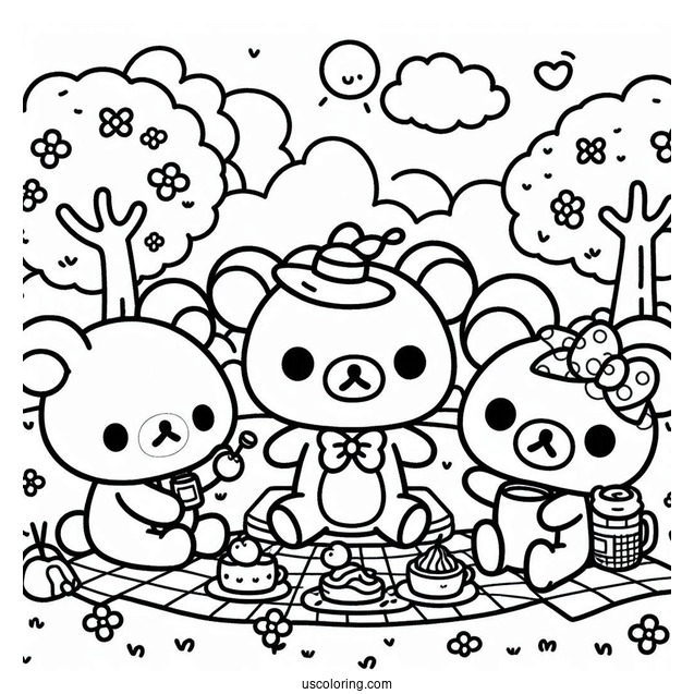 Rilakkuma Coloring Page At The Park With Korilakkuma, Kiiroitori, And Chairoikoguma