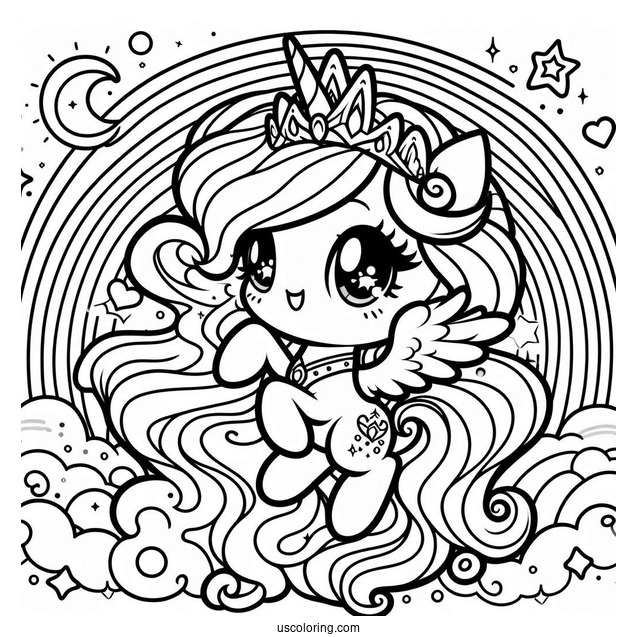 Cute Chibi Princess Celestia Coloring Page With Rainbow In The Background