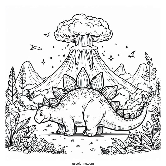 Stegosaurus Coloring Page In Front Of Erupting Volcano