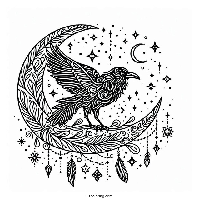 Magical Raven Coloring Page With Crescent Moon And Stars