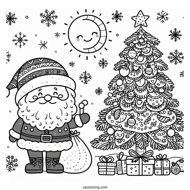 Jolly Santa Next To Christmas Tree