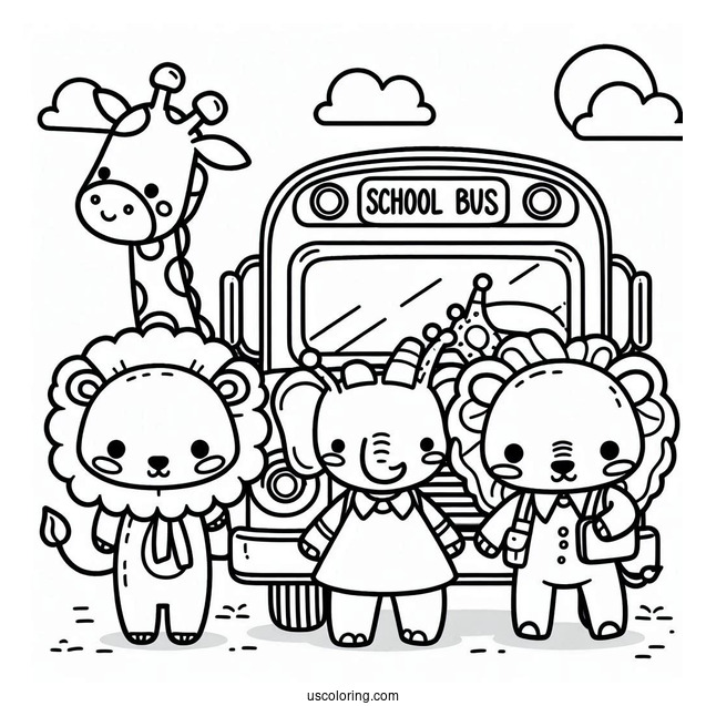 Kawaii Lion, Elephant, and Giraffe on School Bus Coloring Page For Kids