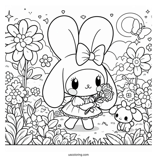 My Melody Coloring Page In Flower Field With Kuromi