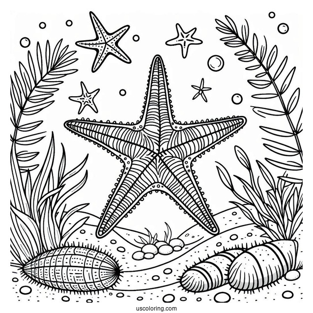 Simple Starfish Coloring Page On The Sea Floor With Sea Cucumber And Brittle Star