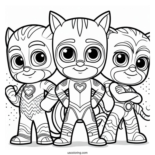 PJ Masks Coloring Page Of Gekko, Owlette, And Catboy Poster