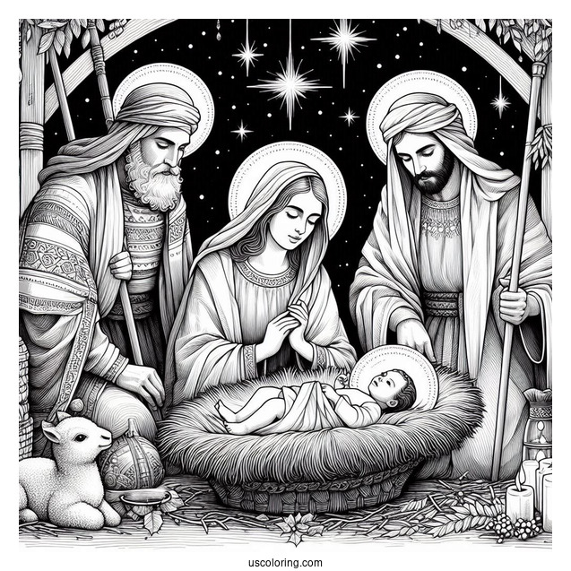 Nativity Coloring Page Of Realistic Wise Men With Joseph And Mary Watching Newborn Jesus