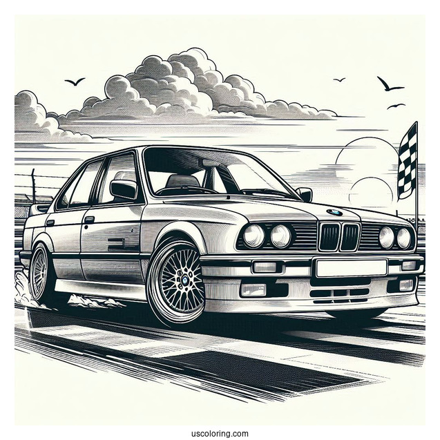 Detailed 3 Series (E30) BMW Coloring Page On Race Track At Sunset