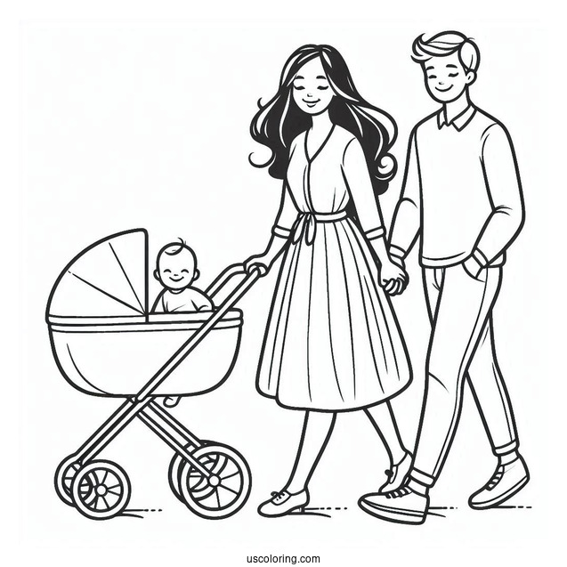 Mother And Father Walking Baby Coloring Page In Stroller