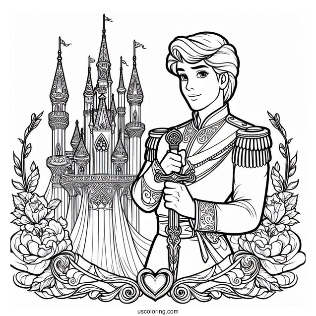 Prince Charming Holding A Sword Inside The Castle Coloring Sheet