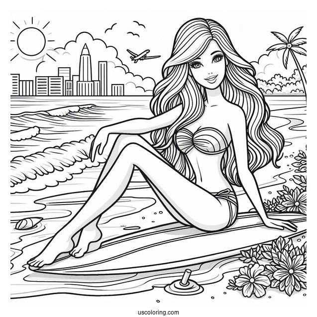 Barbie On A Surfboard Coloring Page