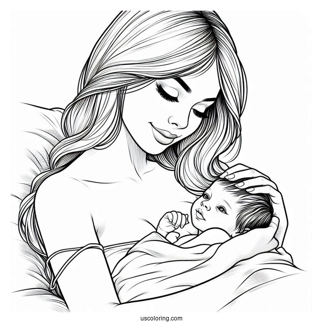 Realistic Woman Holding Newborn Baby Coloring Page