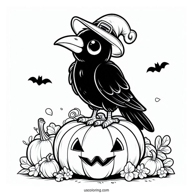 Cartoon Raven Coloring Page Standing On Pumpkin For Kids