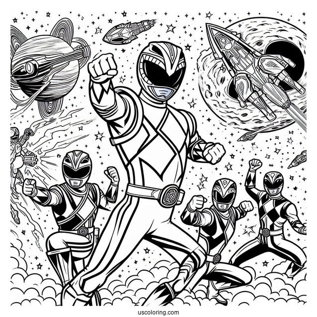Power Rangers Fighting In Outer Space Coloring Sheet