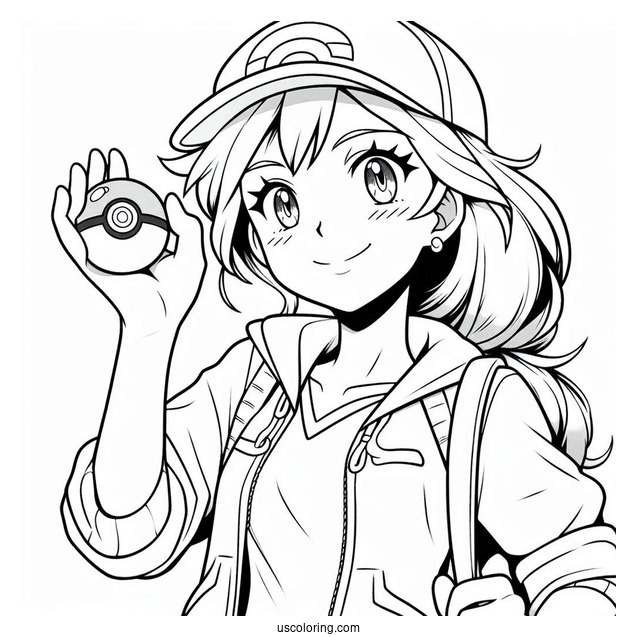 Pokemon Trainer Ash Holding Up A Pokéball Coloring Page