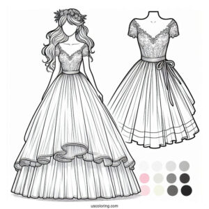 Wedding Dress Coloring Page With Short Sleeves And Tiered Tulle Tail