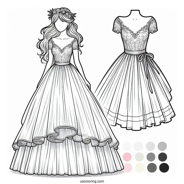 Wedding Dress Coloring Page With Short Sleeves And Tiered Tulle Tail
