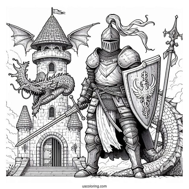 Realistic Knight In Front Of Castle Tower With Dragon