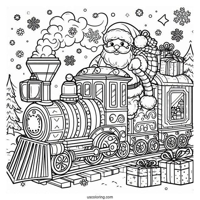 Coloring Page Of a Christmas Train With Santa