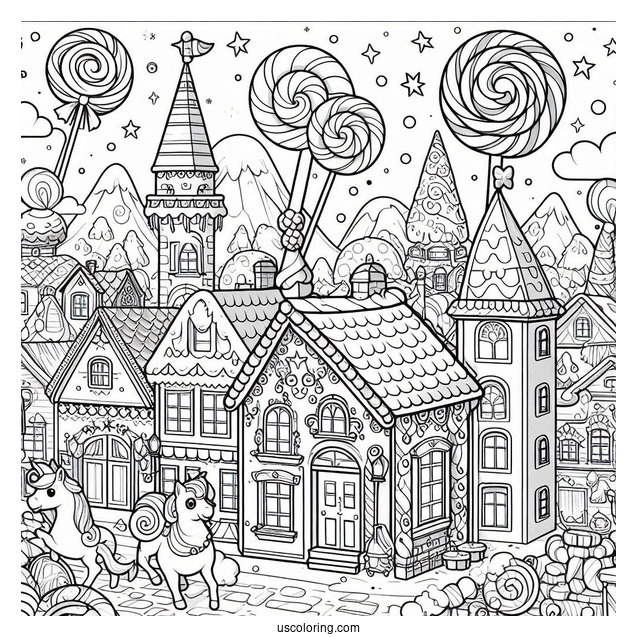Magical Candy Village Coloring Page