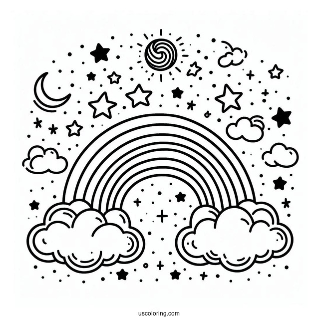 Coloring Page Of a Rainbow With Clouds And Stars