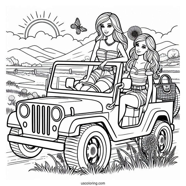 Barbie And Friend In Jeep To Color