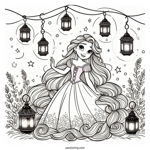 Princess Coloring Page Of Tangled Princess Rapunzel With Lanterns In Background