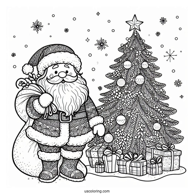 Santa With Sack Of Presents Next To Christmas Tree