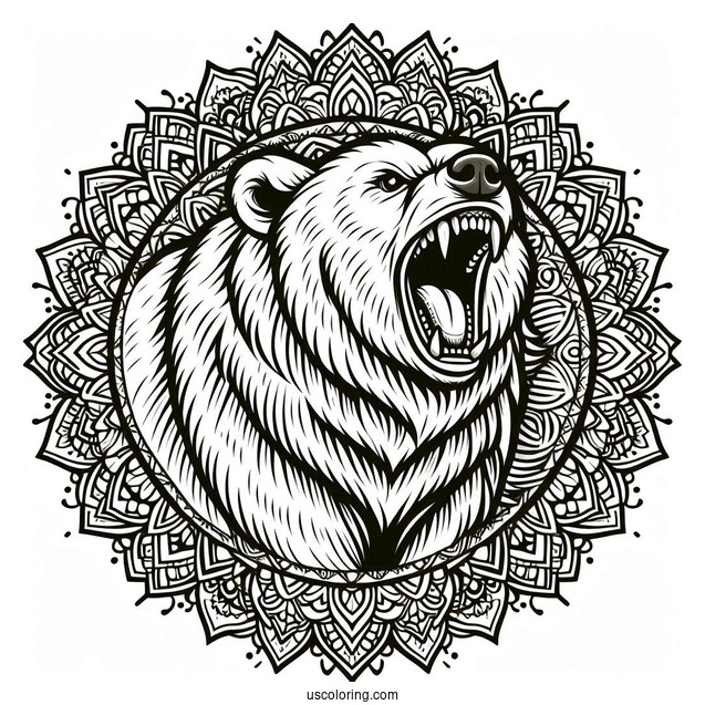 Roaring Bear Coloring Page With Sharp Teeth Mandala