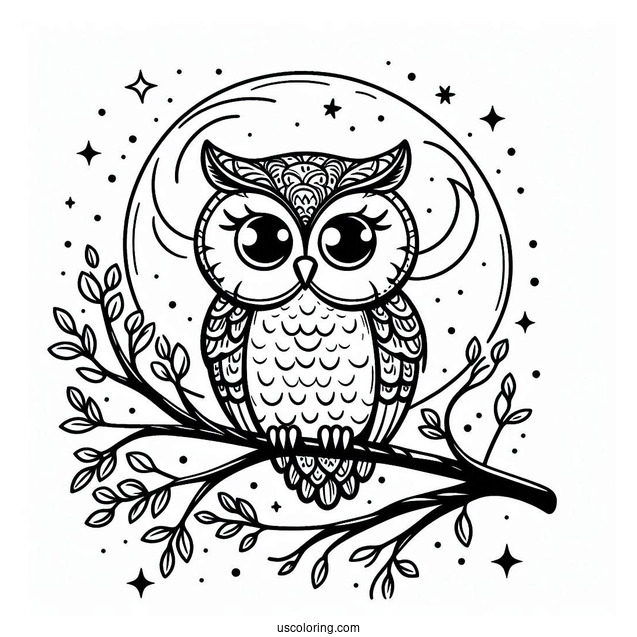 Cute Owl Sitting In Tree During Night