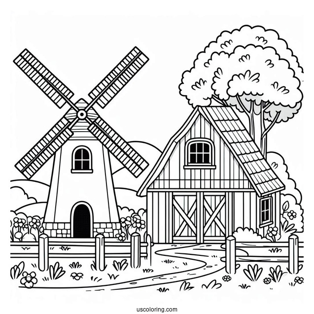 Easy Farm And Windmill To Color