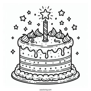 Simple Cake With Star Toppers And Candle Coloring Page