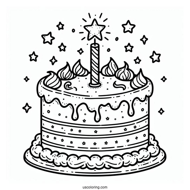 Simple Cake With Star Toppers And Candle Coloring Page