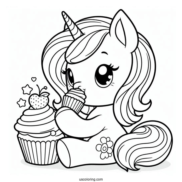 Unicorn My Melody Coloring Page Eating Cupcake