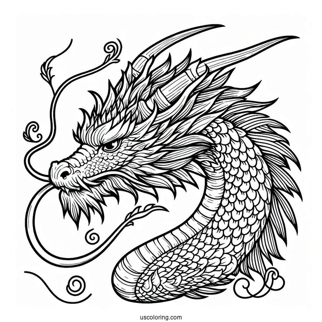 Detailed Dragon With Long Whiskers And Big Horns Coloring Page