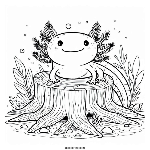 Happy Axolotl Coloring Page Standing On A Stump Under The Sea