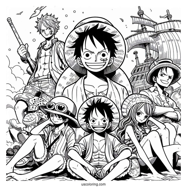 One Piece Coloring Page Of Luffy, Zoro, Sanji, Usopp, And Nami For Kids