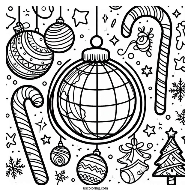 Simple Globes And Candy Cane Outline Christmas Ornaments Coloring Page