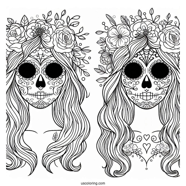 Sugar Skulls Coloring Page With Hair And Floral Background