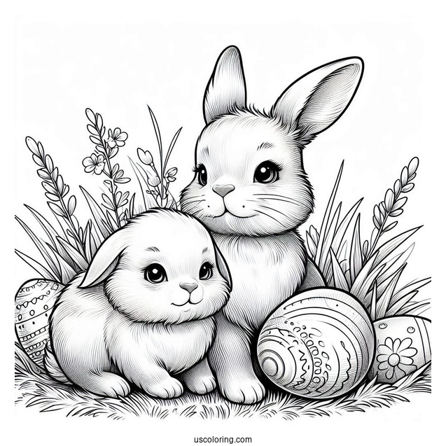 Easter Coloring Page Of Realistic Bunny And Chick On The Grass With Easter Eggs